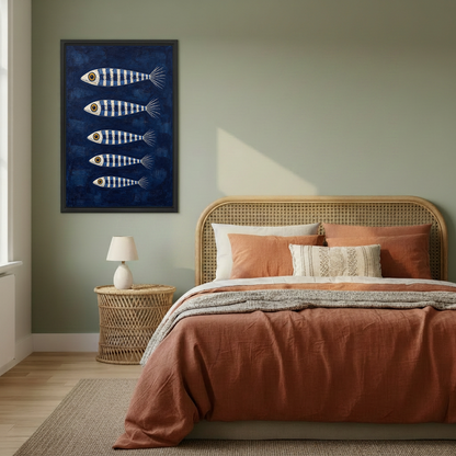 Striped fish canvas wall art showing four fish in a black frame beside a rattan bed with rust bedding.