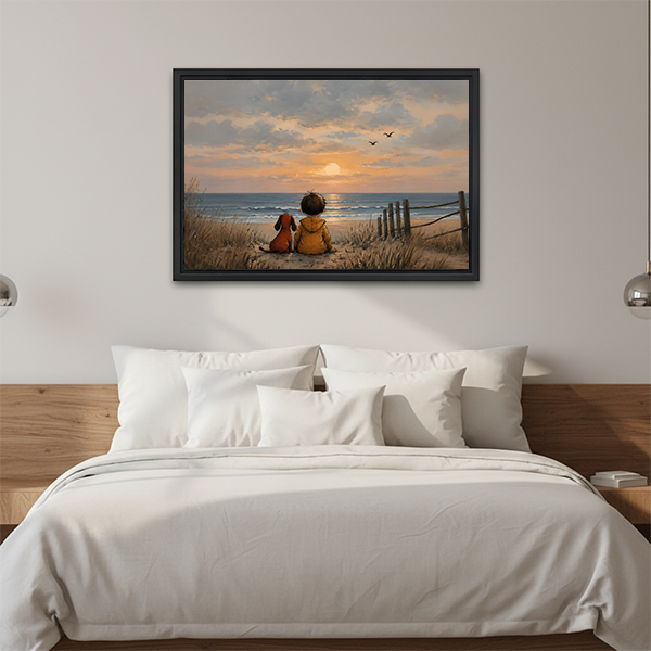 Sunset beach children canvas wall art above a white bed, showing two children, a dog, beach grasses, and seabirds.