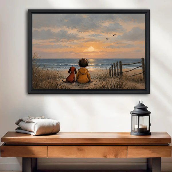 Sunset beach children canvas wall art above a wooden console, showing two children, a dog, seabirds, and glowing waves.