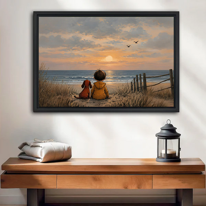 Sunset beach children canvas wall art above a wooden console, showing two children, a dog, seabirds, and glowing waves.