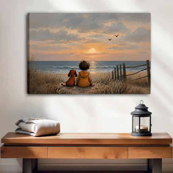 A woman holds sunset beach children canvas wall art featuring two children and a dog watching the ocean.