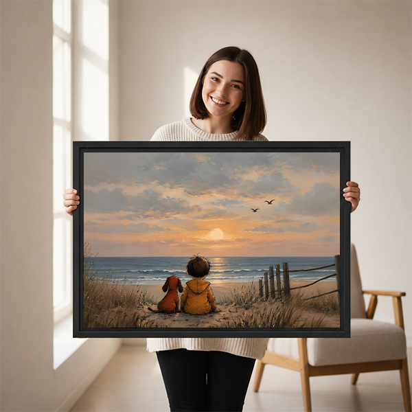 Framed sunset beach children canvas wall art above a light sofa, capturing a dog and two children by the sea.