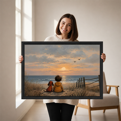 Framed sunset beach children canvas wall art above a light sofa, capturing a dog and two children by the sea.