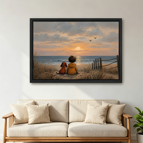 Unframed sunset beach children canvas wall art displayed above a wooden console with soft evening light.