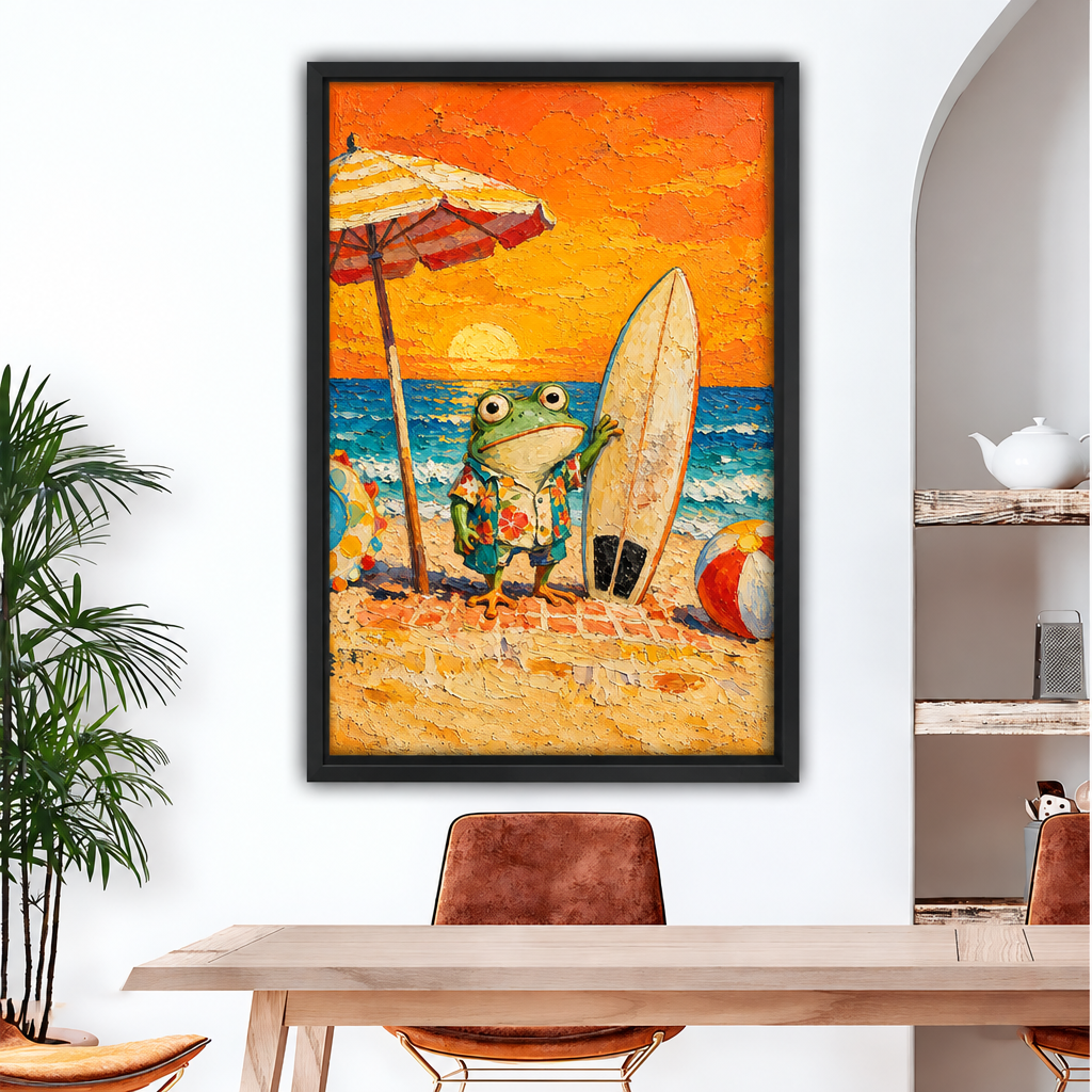 Framed surfer frog beach canvas wall art above a wooden dining table with tan leather chairs