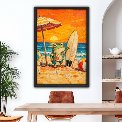 Framed surfer frog beach canvas wall art above a wooden dining table with tan leather chairs