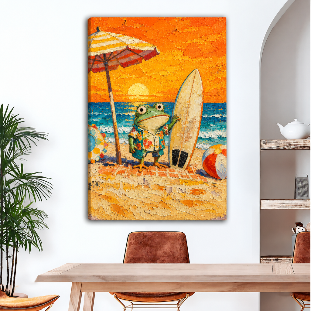 Unframed gallery-wrap surfer frog beach canvas wall art with thick impasto sunset texture