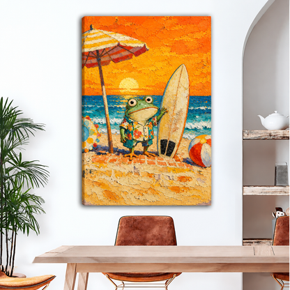 Unframed gallery-wrap surfer frog beach canvas wall art with thick impasto sunset texture