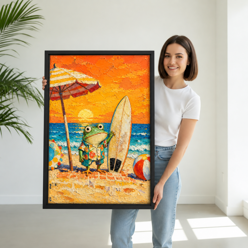Smiling woman holding framed surfer frog beach canvas wall art showing its true size