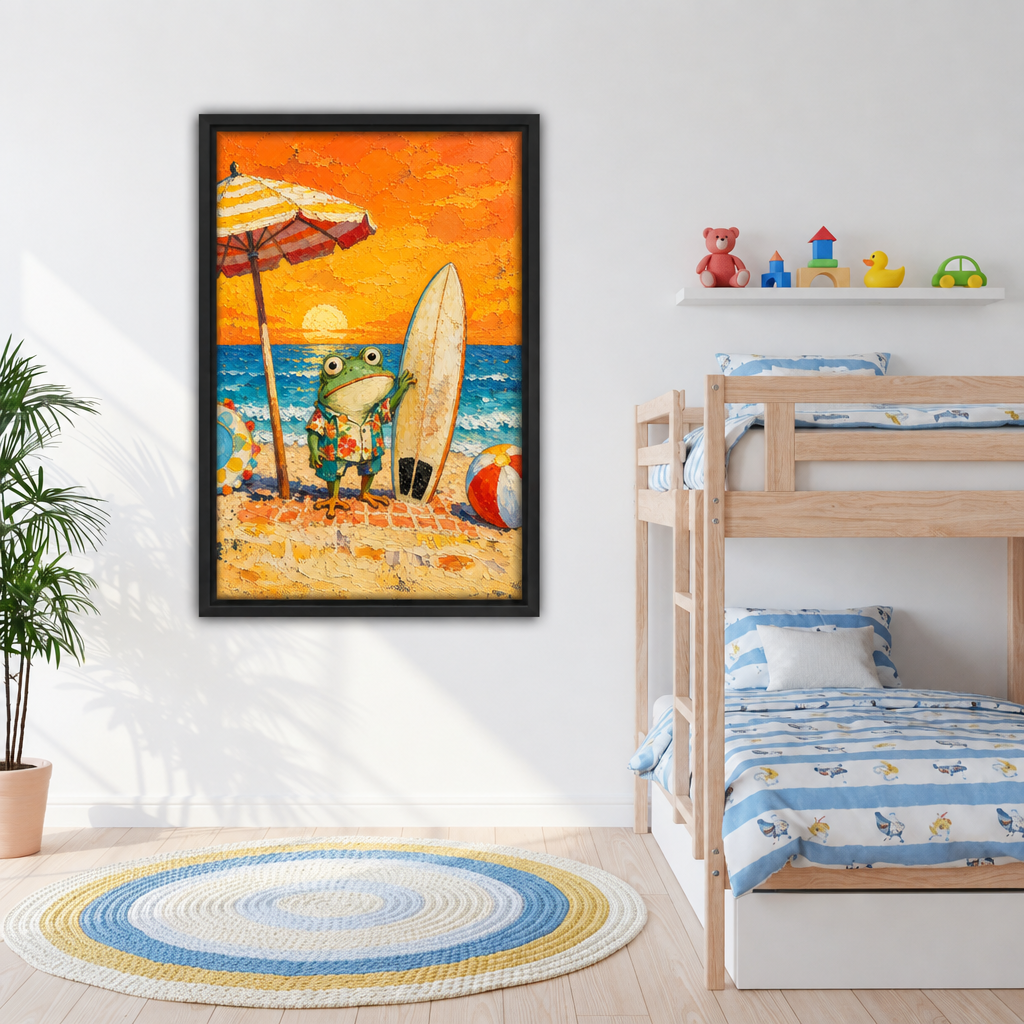 Surfer frog beach canvas wall art hanging in a sunny kids room beside a wooden bunk bed