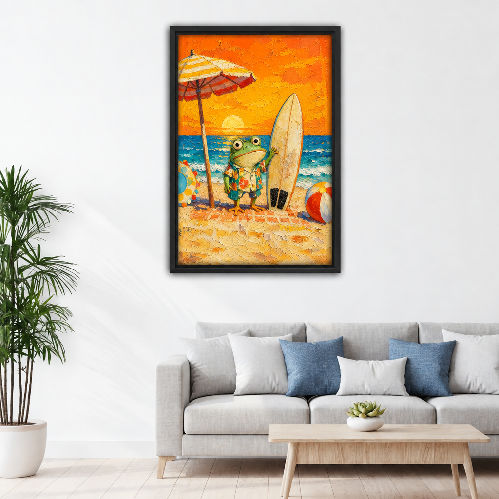 Surfer frog beach canvas wall art in a black frame above a grey sofa with blue cushions