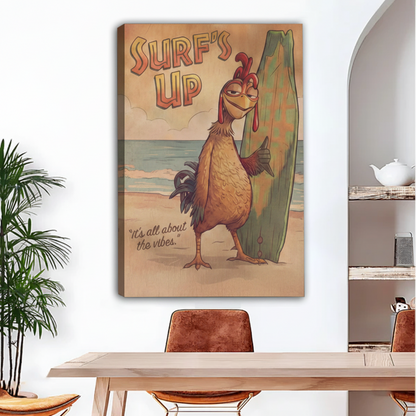 Surf rooster retro beach gallery wrap canvas print hanging in a modern dining room with warm wood tones