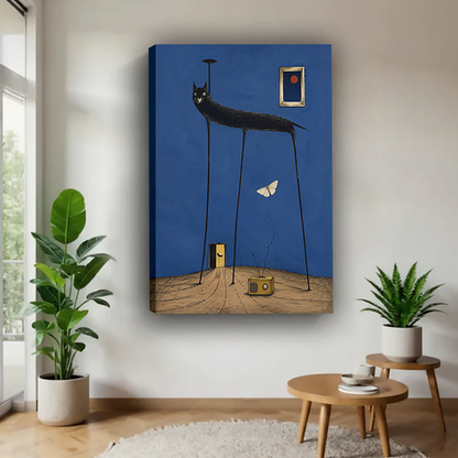 Black-framed surreal black cat canvas wall art with a floating butterfly displayed between plants in a bright room.