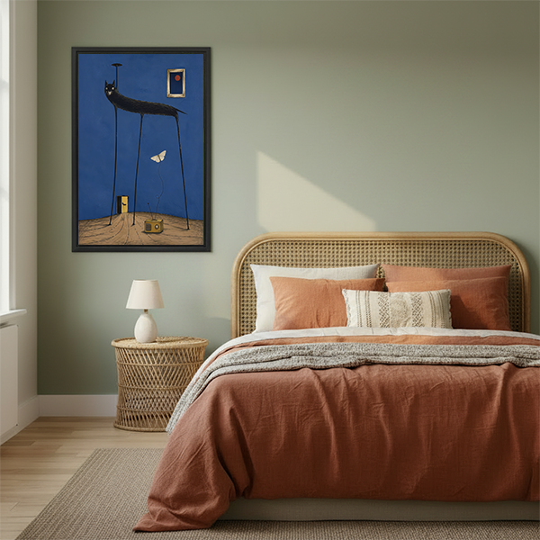 Gallery-wrap surreal black cat canvas wall art showing elongated legs, a butterfly, and a radio, displayed beside plants.