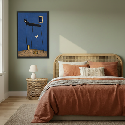 Gallery-wrap surreal black cat canvas wall art showing elongated legs, a butterfly, and a radio, displayed beside plants.