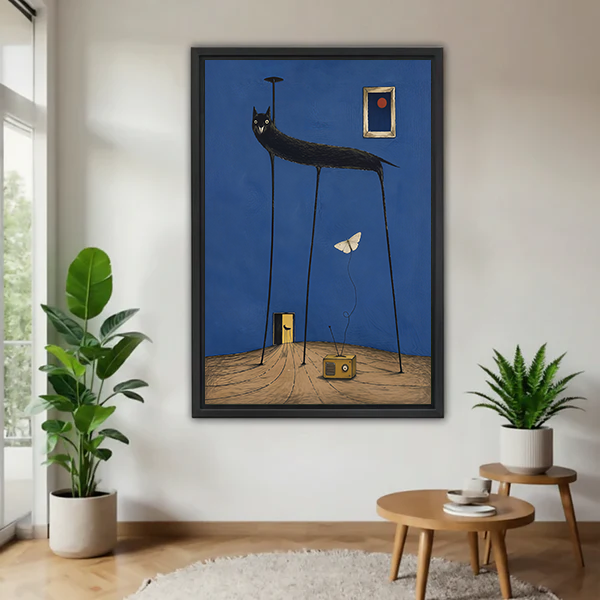 Framed surreal black cat canvas wall art with elongated legs and blue background beside a rattan bed.