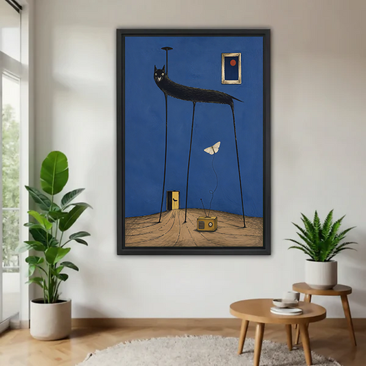 Framed surreal black cat canvas wall art with elongated legs and blue background beside a rattan bed.