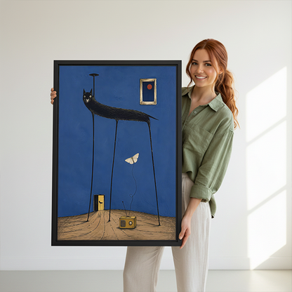 Woman holding framed surreal black cat canvas wall art featuring impossibly long legs against a deep blue background.