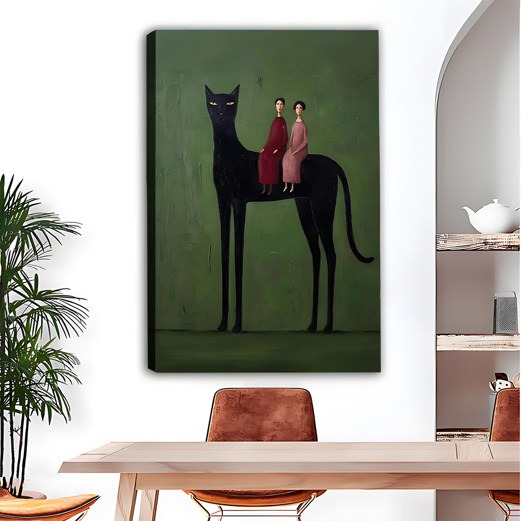 Surreal black cat folk canvas print wall art mounted beside an arched alcove shelf