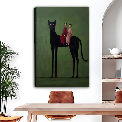 Surreal black cat folk canvas print wall art mounted beside an arched alcove shelf