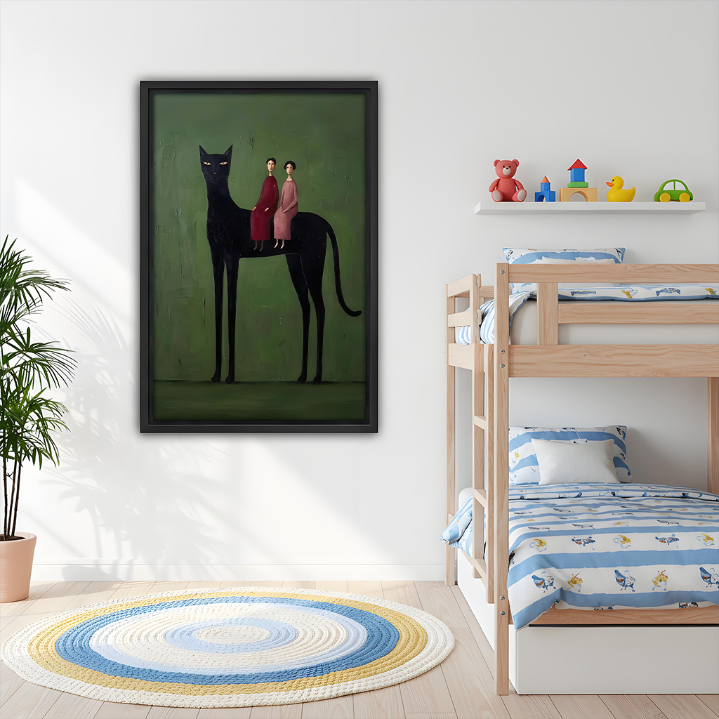 Surreal black cat folk wall art hanging in a children's bedroom above a bunk bed