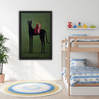 Surreal black cat folk wall art hanging in a children's bedroom above a bunk bed