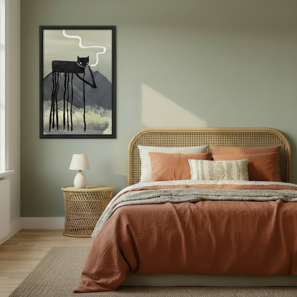 Surreal black cat with long legs canvas wall art in cozy bedroom – misty mountain whimsical print