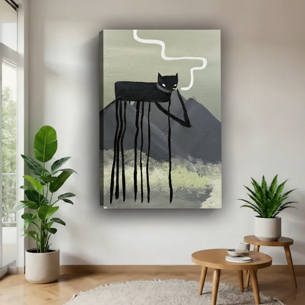 Surreal black cat mountain canvas art print unframed – contemporary whimsical wall decor for home