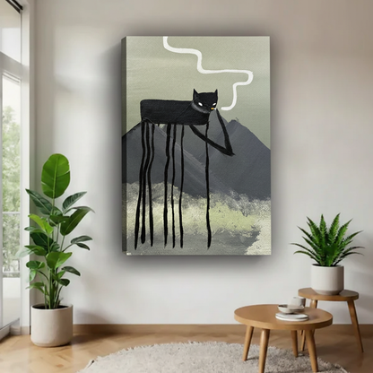 Surreal black cat mountain canvas art print unframed – contemporary whimsical wall decor for home