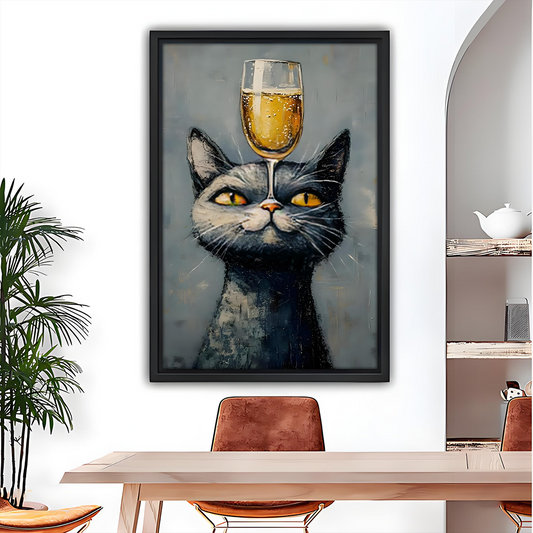 Surreal black cat wine canvas wall art in a black frame above a modern dining table.