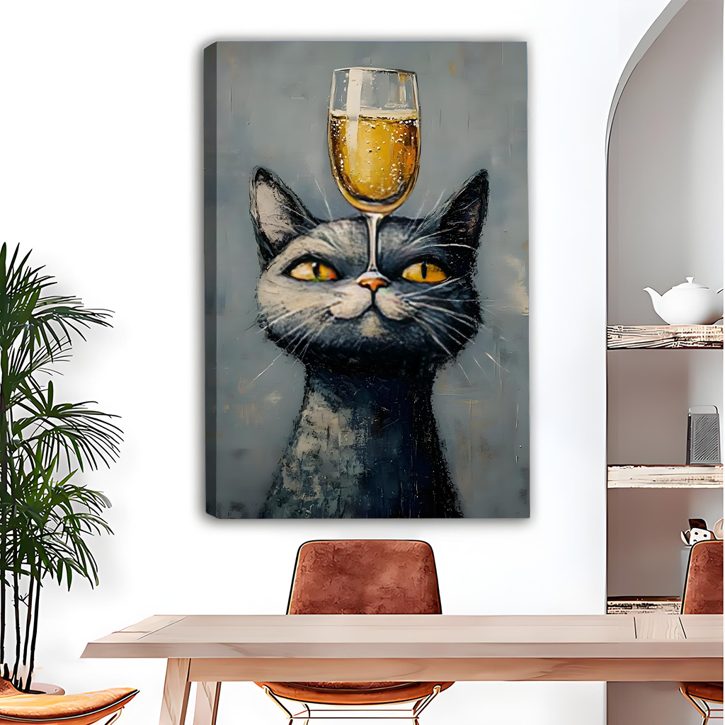 Surreal black cat wine canvas wall art displayed gallery-wrap in a bright dining room.