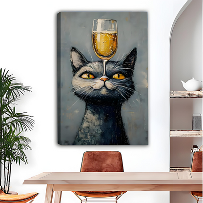 Surreal black cat wine canvas wall art displayed gallery-wrap in a bright dining room.