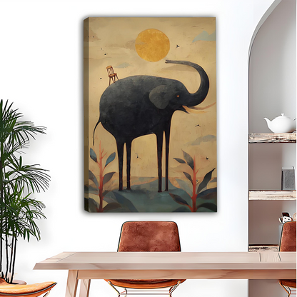Surreal black elephant canvas wall art held by a smiling woman in a bright room.