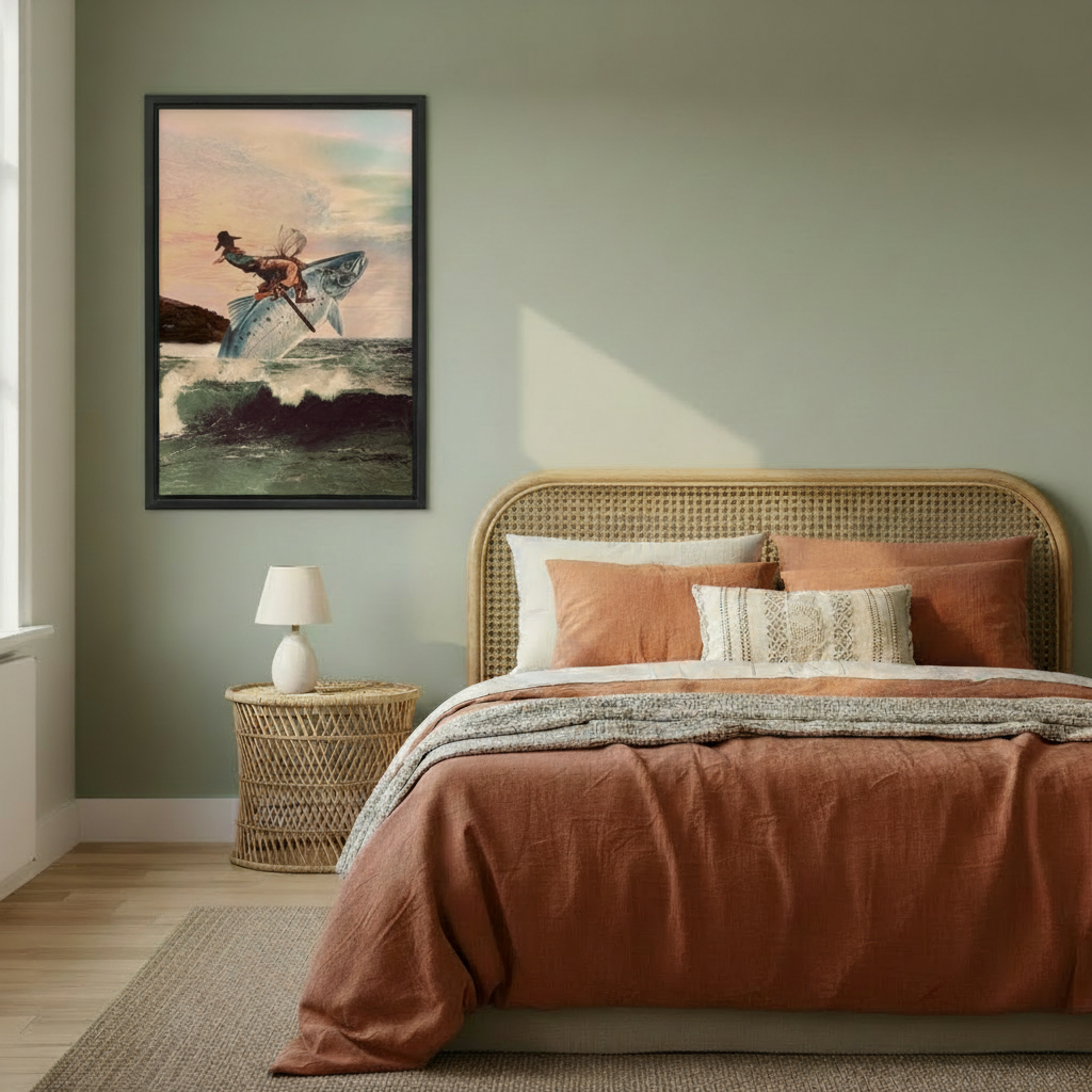 Surreal vintage cowboy riding fish canvas wall art in black frame on sage green bedroom wall above rattan headboard