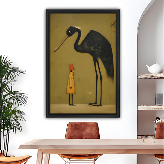 Surreal crane and child canvas wall art held by a smiling woman in a bright room.