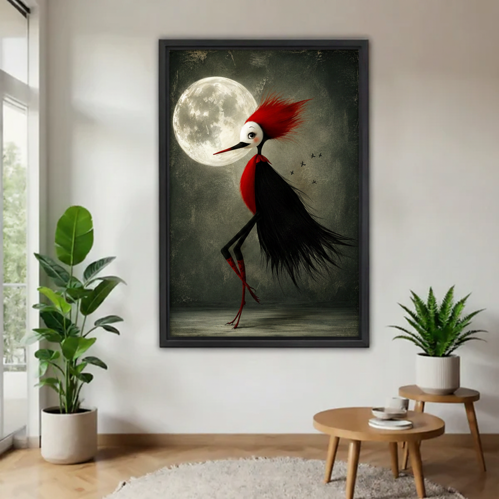 Surreal dark bird canvas wall art in black frame with red plumage and full moon, hanging in modern living room with green plants