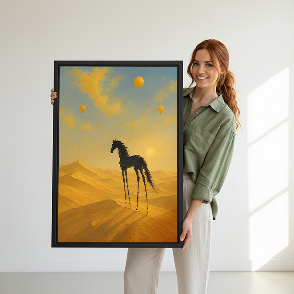 Surreal desert horse canvas print without frame floating on white wall in modern living room setting
