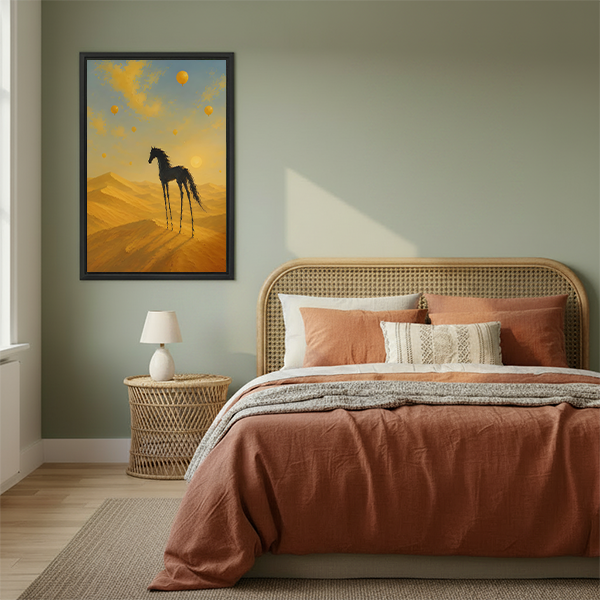 Surreal desert horse framed canvas art on sage green bedroom wall above rattan headboard with warm boho decor