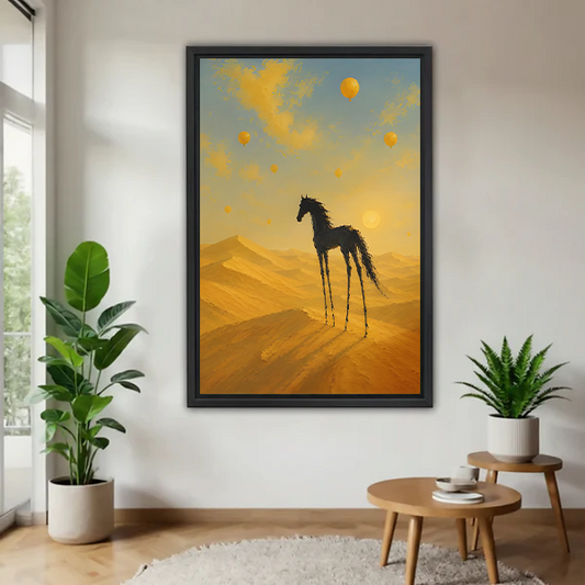Surreal desert horse framed canvas wall art with black frame displayed in bright living room with plants