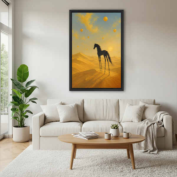 Surreal desert horse golden sky framed wall art hanging above cream sofa in cozy Scandinavian living room
