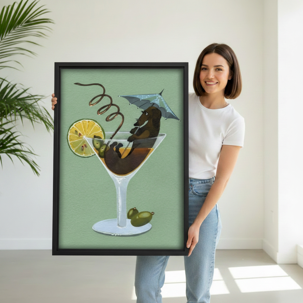 Woman holding surreal dog cocktail canvas wall art in a bright modern room