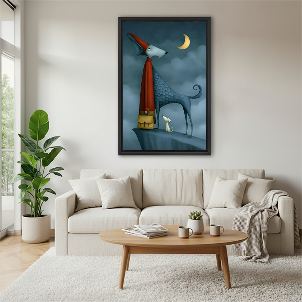 Gallery-wrap canvas shows a whimsical blue dog in a red cloak beneath a yellow crescent moon.