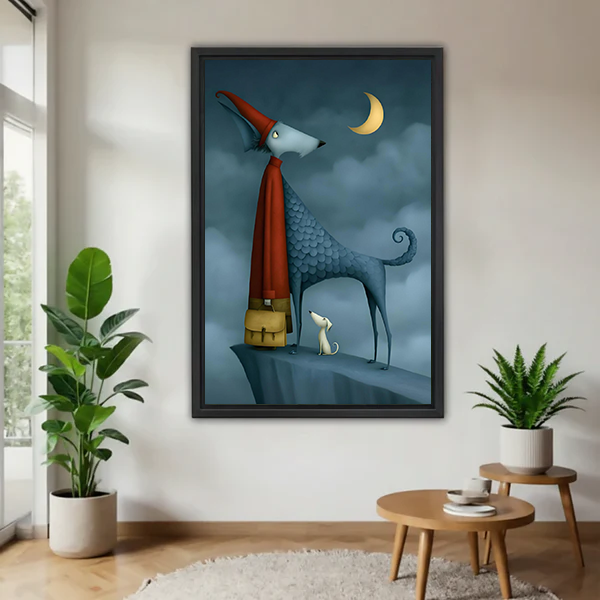 Whimsical blue dog moon canvas wall art hangs framed above a cozy bedroom bed in warm muted colors.