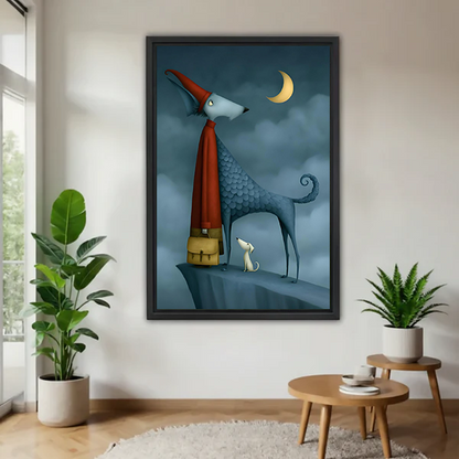 Whimsical blue dog moon canvas wall art hangs framed above a cozy bedroom bed in warm muted colors.