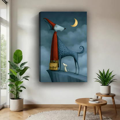 Framed folk-art blue dog beneath a crescent moon displayed on a bright living room wall beside leafy plants.