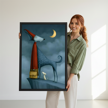 Blue dog and crescent moon canvas wall art hangs above a pale sofa in a serene modern living room.