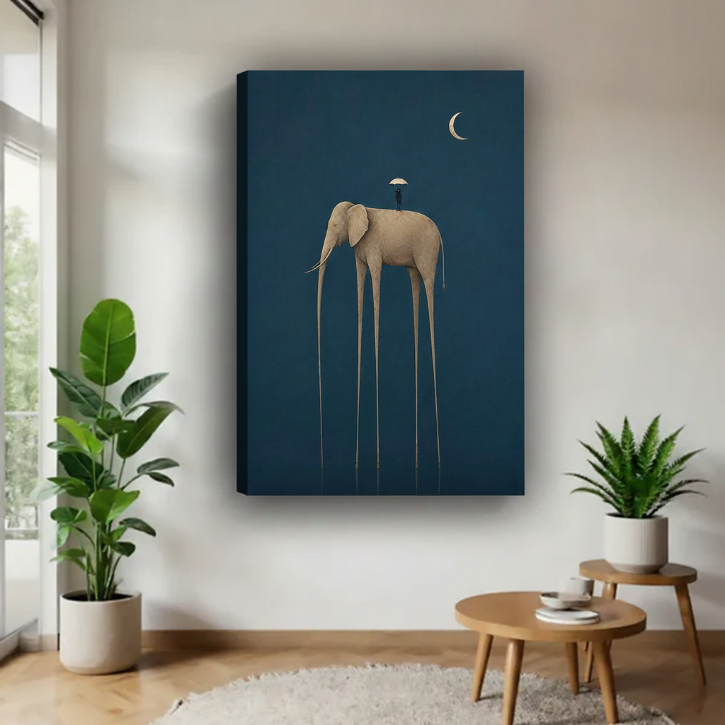 Gallery wrap canvas print of a dreamlike elephant with ultra-long legs and tiny human figure beneath a crescent moon, frameless edge display in a minimalist living space with greenery
