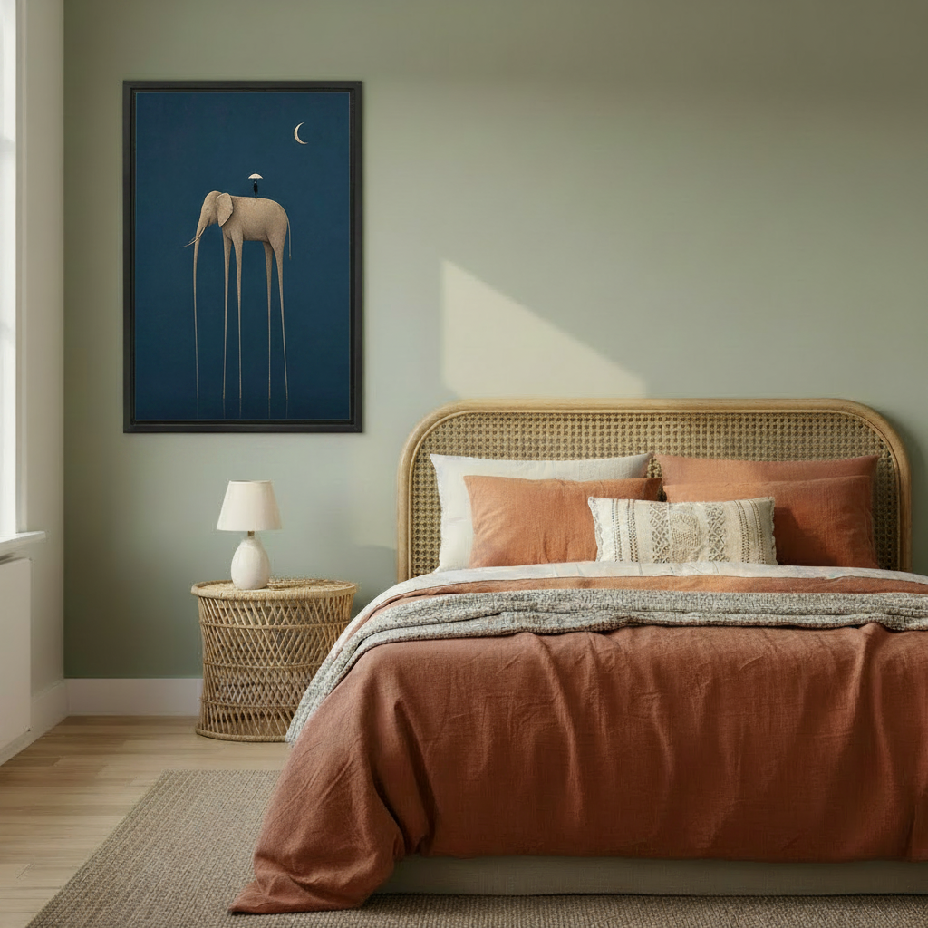 Minimalist framed art print featuring a dreamlike elephant on stilted legs with a small umbrella figure and crescent moon on deep navy blue background, hung above a rattan bed in a sage green bedroom