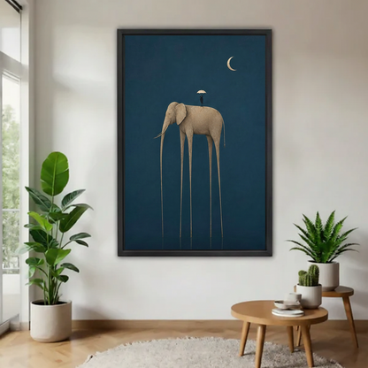 Vertical framed surrealist illustration of an elephant with elongated legs and a lone figure under an umbrella against a dark teal sky, styled in a bright hallway with indoor plants