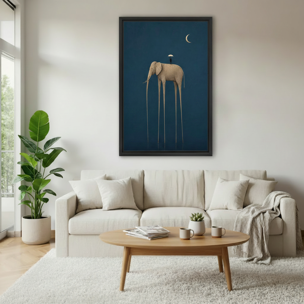 Framed wall art print of a surrealist elephant with impossibly long legs and a tiny figure holding an umbrella on its back under a crescent moon, displayed above a cream sofa in a modern living room